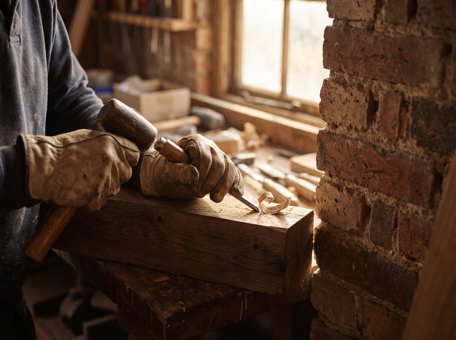 Vakman van Bouwfirma Melissen aan het werk met hout en gereedschap